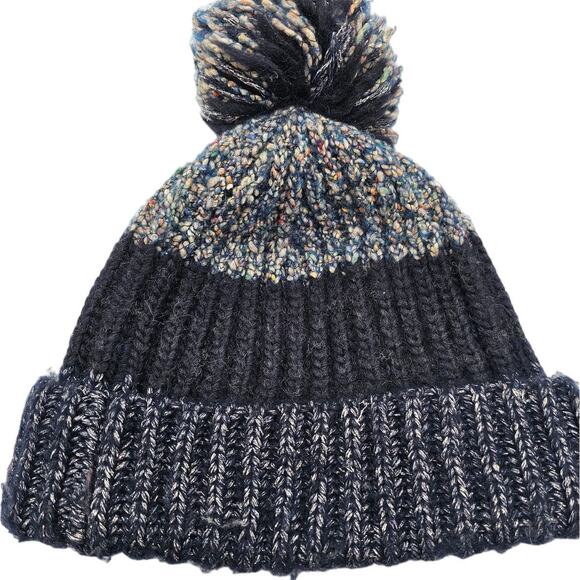 J Crew Wool Blend Winter Beanie Pom Pom Hat Blue and Gray - Picture 1 of 5